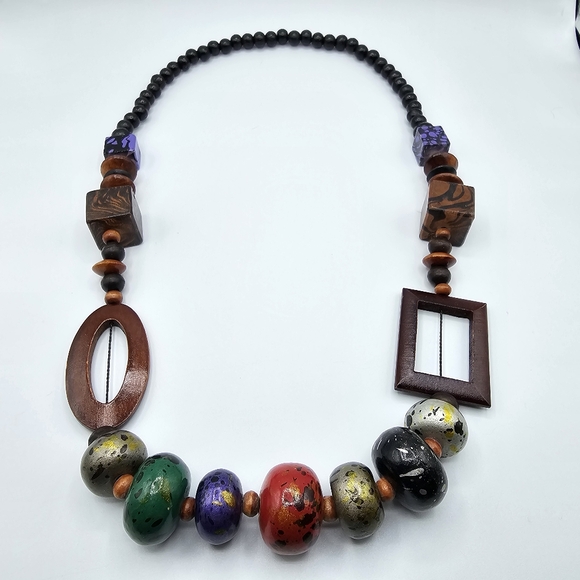 Trendy Wood Beads Geometric Chunky Necklace Multi Colors (approx 28") - Picture 1 of 5